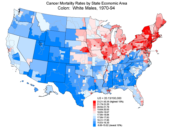 Map of Colon Cancer Mortality Rates in the US